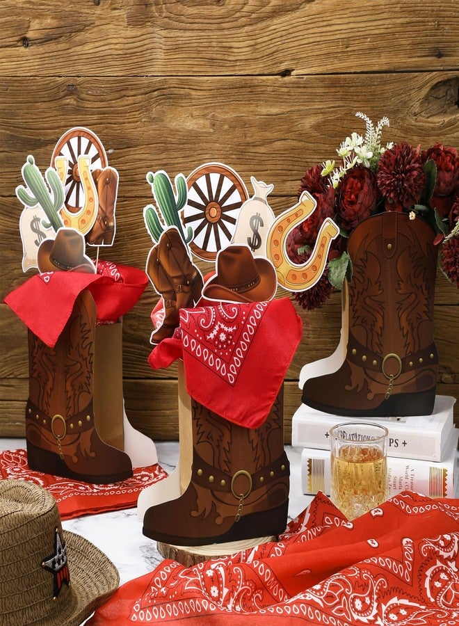 Weekgrat 8 Sets 129 Pcs Cowboy Western Party Centerpieces - Brown Paper & Wooden Stick Cutouts with Cowboy Boots Shaped Boxes for Western Party Decor - Image 4